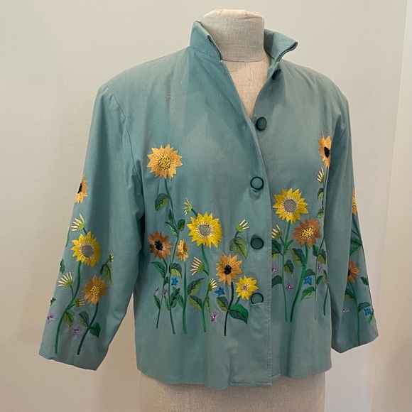 Bala Bala Womens Teal Blazer w Embroidered Colorful Flowers W Beads / Size M - Picture 3 of 16